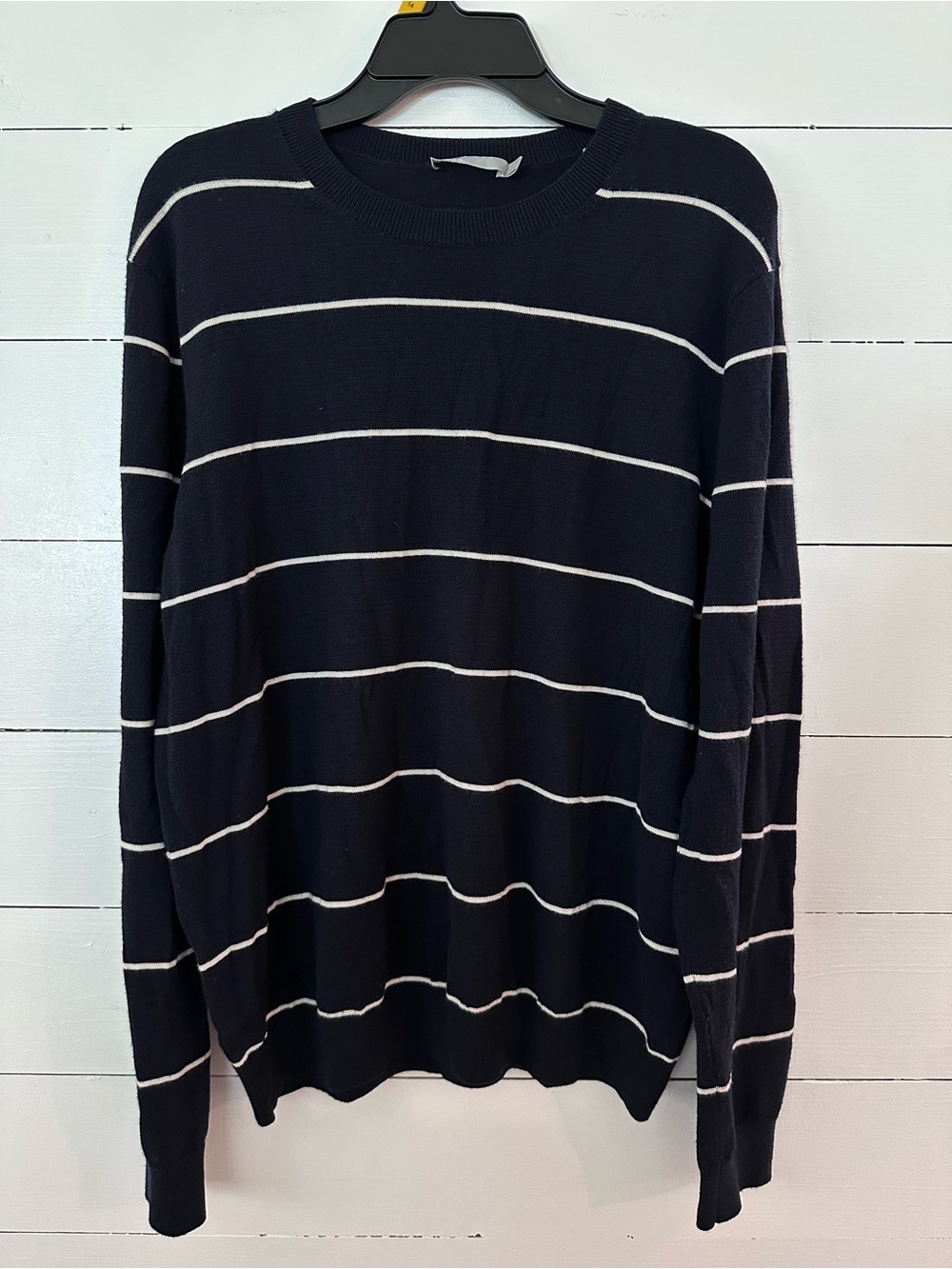 Vince Women’s Navy and White Striped Crewneck Sweater - Classic 100% Merino Wool